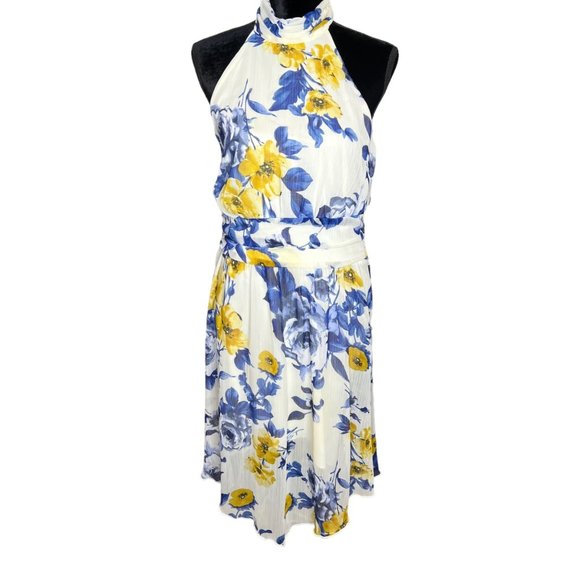 Enfocus Studio Dress Womens 10 Blue Yellow Sleeveless High Neck Floral Fit Flare - Picture 1 of 16